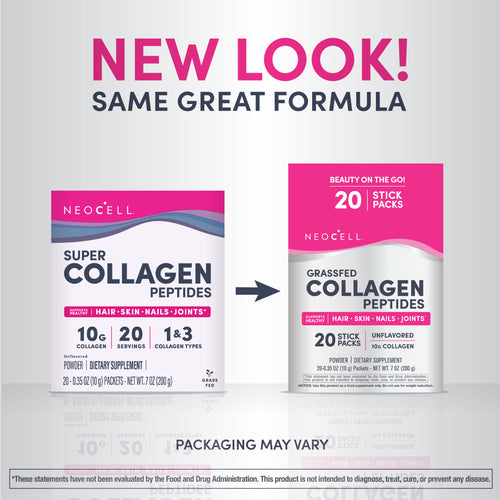 Comparison of Neocell Super Collagen Peptides packaging with new design on a light gray background.