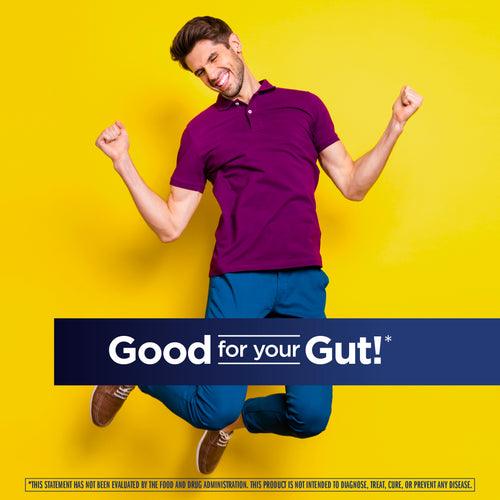 Man in purple shirt and blue pants with 'Good for your Gut!' text on yellow background