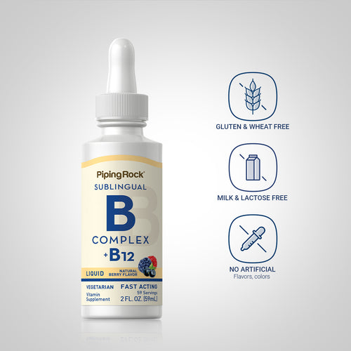 B-complex + B12 sublingual supplement bottle with features on a light gray background
