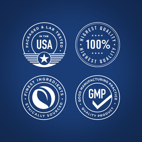 Four quality assurance logos on a blue background