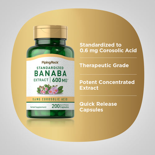 Piping Rock Banaba Extract supplement bottle on a gold and gray background