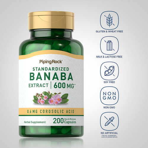 Green supplement bottle labeled 'Piping Rock Standardized Banaba Extract' with gold cap on a light gray background.
