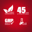 Set of white icons and text on a red background, emphasizing quality and manufacturing experience.