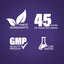 Set of white logos on a purple background, including 'Finest Ingredients', '45 Years of Manufacturing', 'GMP Quality Product', and 'Lab Tested'.