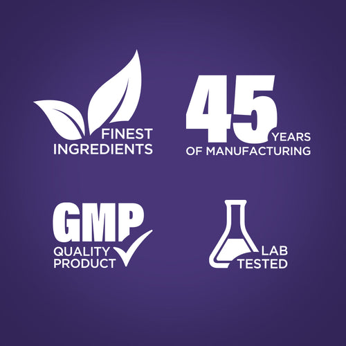 Set of white logos on a purple background, including 'Finest Ingredients', '45 Years of Manufacturing', 'GMP Quality Product', and 'Lab Tested'.