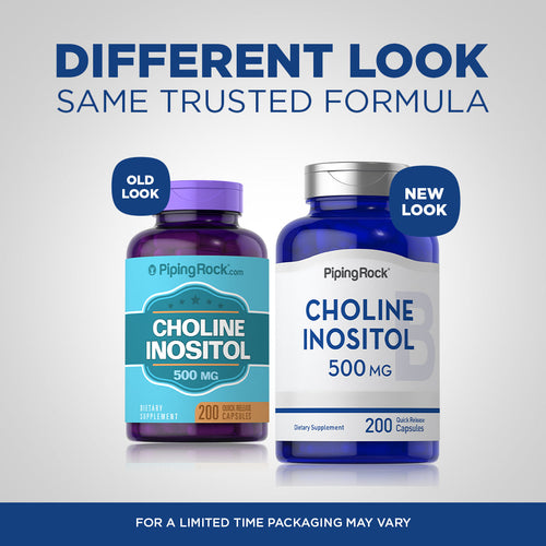 Two bottles of Piping Rock Choline Inositol 500 mg with old and new packaging designs on a gray background.