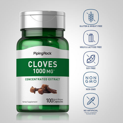 Green supplement bottle labeled 'Cloves 1000 MG' with Piping Rock branding on a gray background.