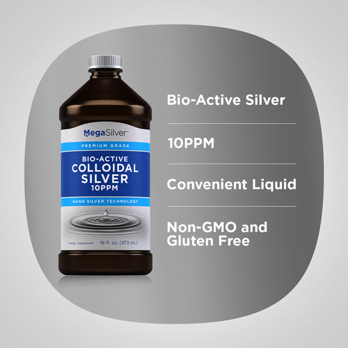MegaSilver Bio-Active Colloidal Silver bottle on a gray background