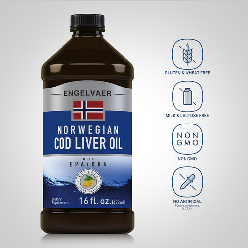 Bottle of Engelvaer Norwegian Cod Liver Oil with label details on a light gray background