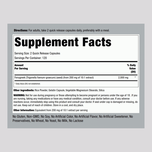 Fenugreek, 2000 mg (per serving), 240 Quick Release Capsules Supplement Facts