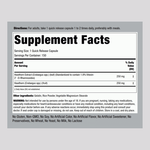 Hawthorn Standardized Extract, 150 Quick Release Capsules Supplement Facts