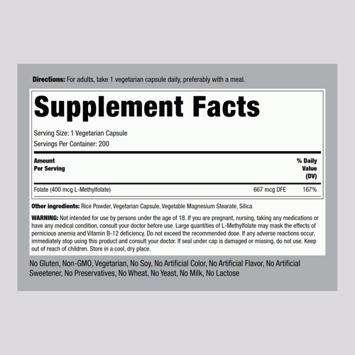 L-Methylfolate, 400 mcg, 200 Vegetarian Capsules Supplement Facts