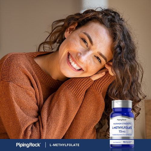 Woman smiling with a bottle of Piping Rock L-Methylfolate supplement in the corner.