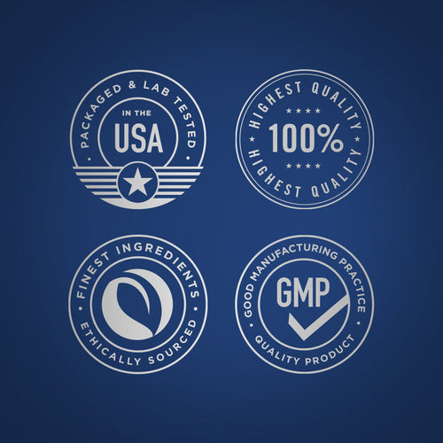Four quality assurance logos on a blue background