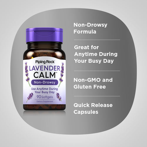 Bottle of Piping Rock Lavender Calm supplement with purple cap on a gray background