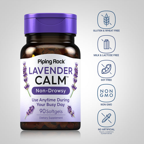 Bottle of Piping Rock Lavender Calm dietary supplement with purple cap on a light gray background.