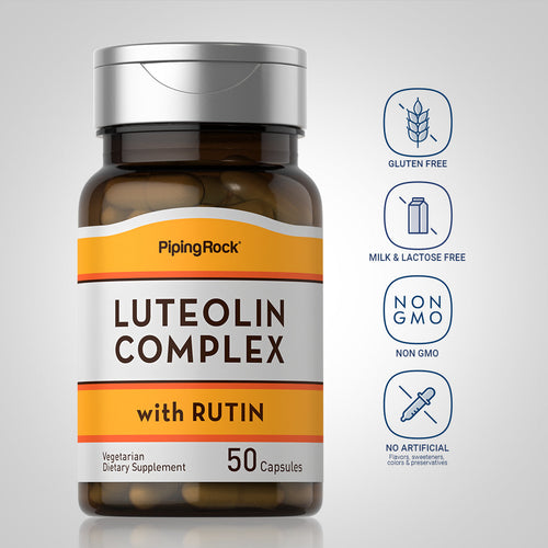 Bottle of Piping Rock Luteolin Complex with Rutin dietary supplement on a light gray background
