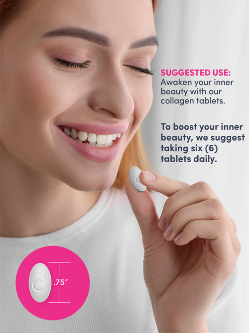 Woman holding a collagen tablet with product packaging and text on a white background