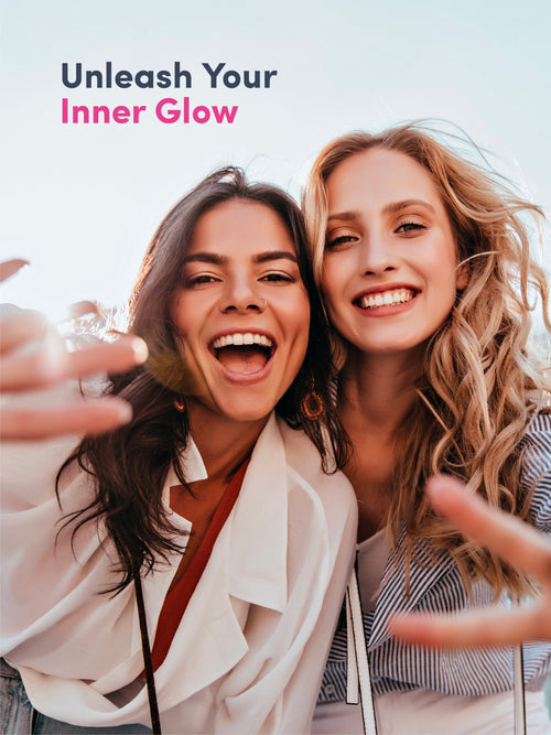 Two women taking a selfie with text 'Unleash Your Inner Glow' on a light blue background