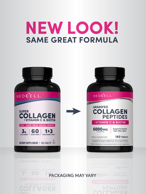 Two Neocell collagen supplement bottles with a 'New Look' label on a light gray background.