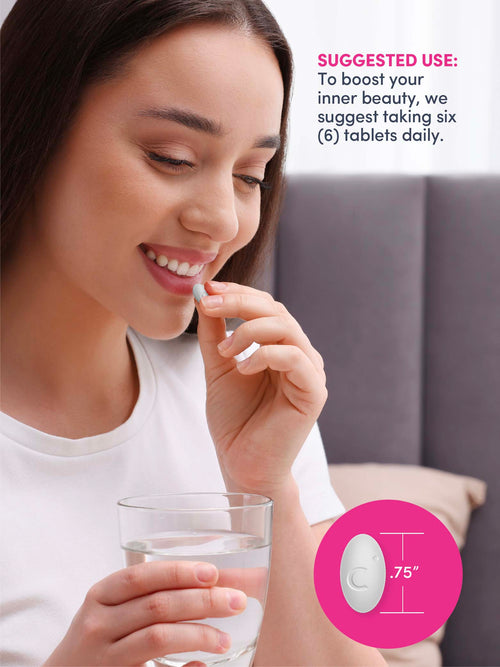 Woman taking a supplement with a glass of water, suggesting daily intake on screen.