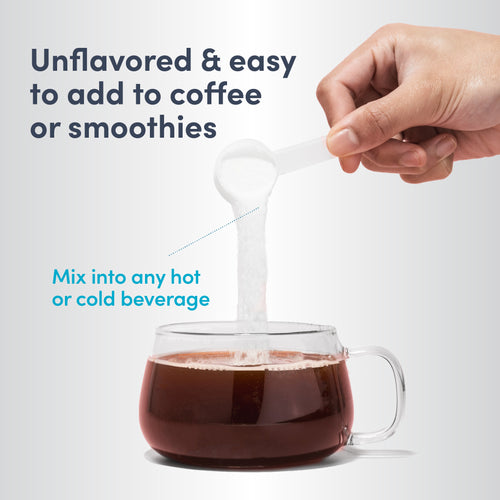 Hand pouring a white powder into a glass of coffee with text about the product's uses.