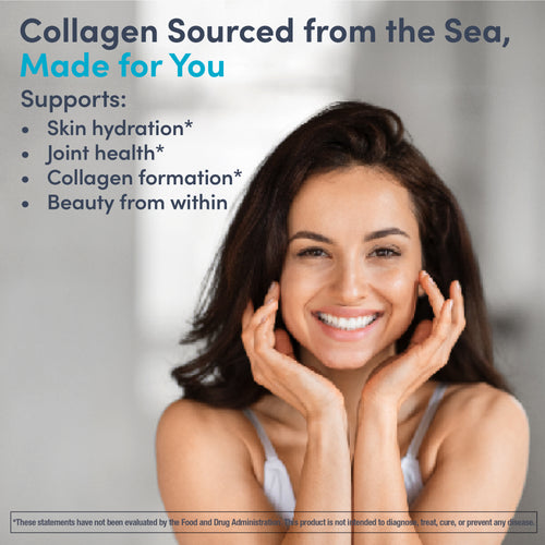 Woman with a happy expression holding her face, with text about collagen sourced from the sea.
