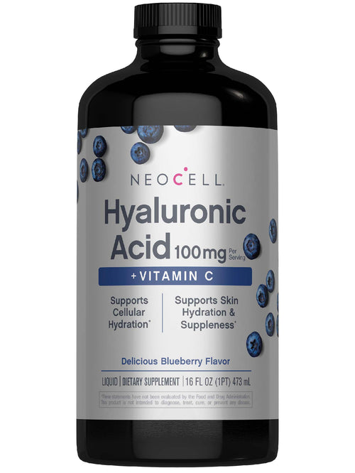 Neocell Hyaluronic Acid supplement bottle with blueberry flavor on a white background