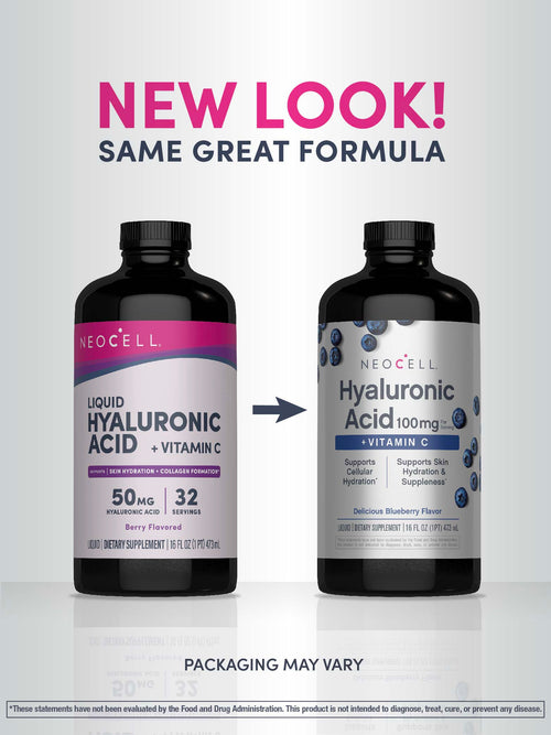 Two bottles of Neocell Hyaluronic Acid with Vitamin C on a light gray background, featuring text about new packaging.