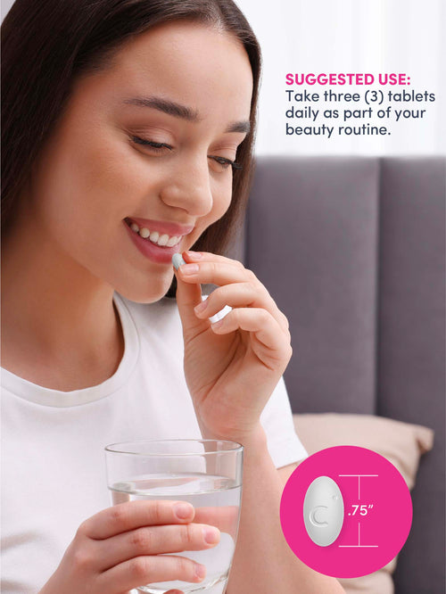 Woman taking a supplement with a glass of water, surrounded by text and product information.