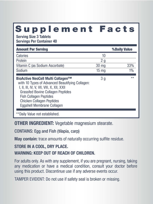 Supplement facts label for a multi-collagen product on a white background
