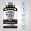Supplement bottle labeled 'Red Yellow Black Maca' with certification icons on a gray background