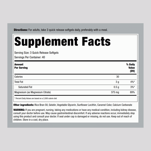 Magnesium Citrate, 375 mg (per serving), 120 Quick Release Softgels Supplement Facts