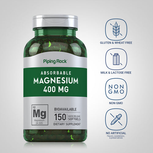 Supplement bottle labeled 'Absorbable Magnesium 400 MG' by Piping Rock on a light gray background.