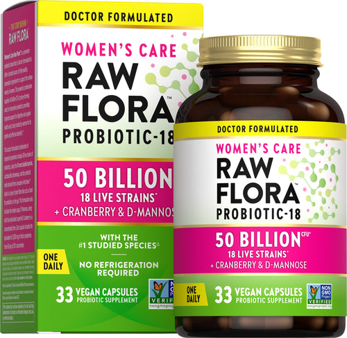 Raw Flora Probiotic-18 supplement bottle and packaging on a white background