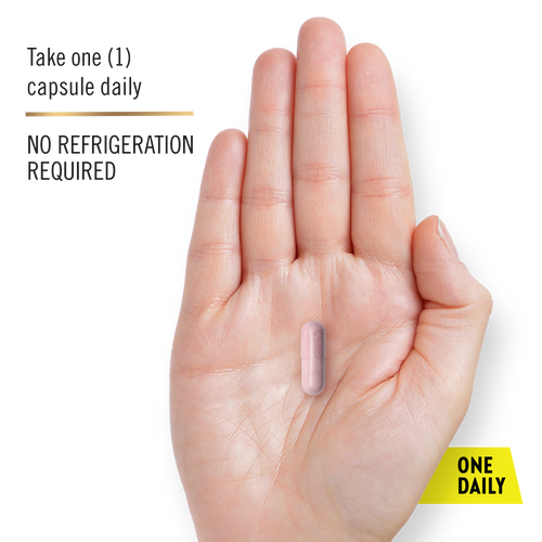 Hand holding a pink capsule with text about daily dosing on a white background