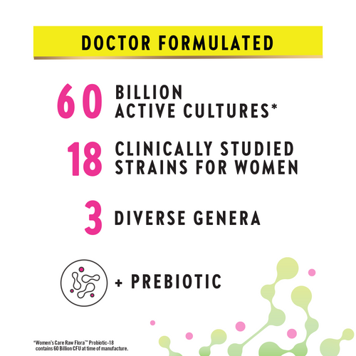 Product label highlighting features like 'Doctor Formulated', '60 Billion Active Cultures', '18 Clinically Studied Strains for Women', and '3 Diverse Genera' on a white background.