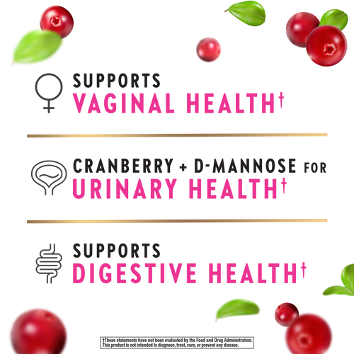 Product label with cranberries and health benefits text on a white background