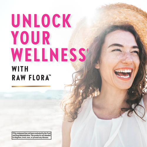 Woman wearing a straw hat with 'Unlock Your Wellness with Raw Flora' text on a white background