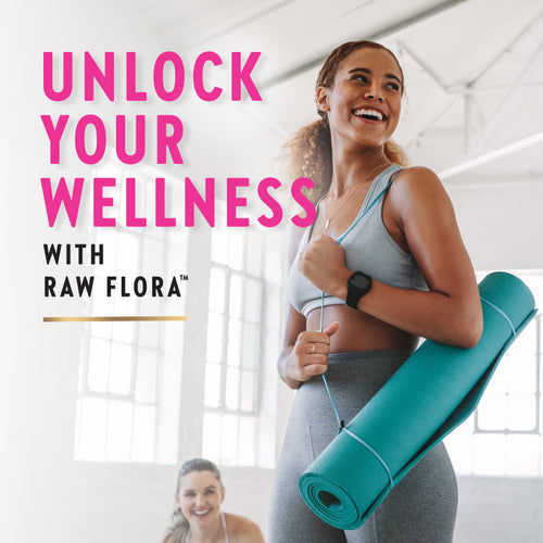 Woman holding a yoga mat with 'Unlock Your Wellness with Raw Flora' text in a bright indoor setting.
