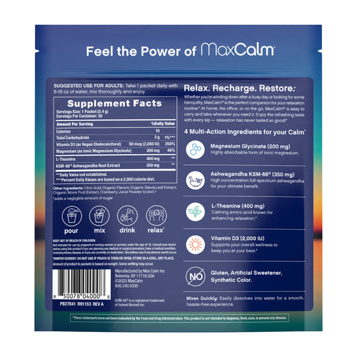 MaxCalm® Bevanda Rilassante* Magnesio Glicinato Lampone-Limonata, 30 Pacchetti