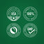 Four green quality assurance badges on a green background