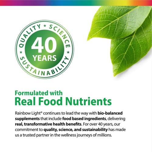 Advertisement for Rainbow Light supplements with a green leaf and text about quality, science, sustainability, and real food nutrients.