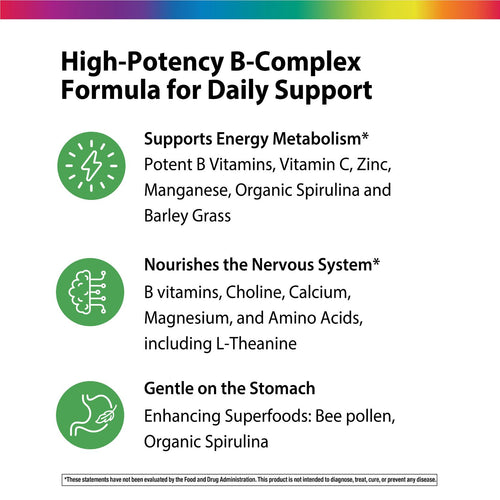 High-Potency B-Complex Formula for Daily Support with supporting text and icons on a white background.