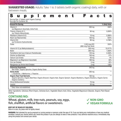 Supplement label with detailed nutritional information and ingredients.