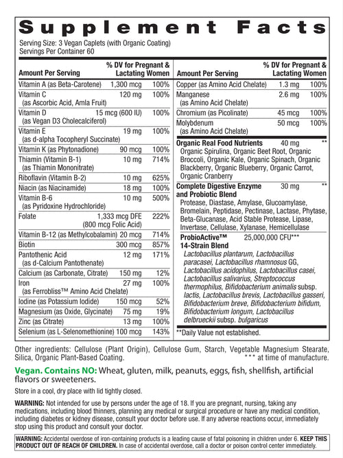 Supplement facts label for a product with various vitamins and minerals listed.