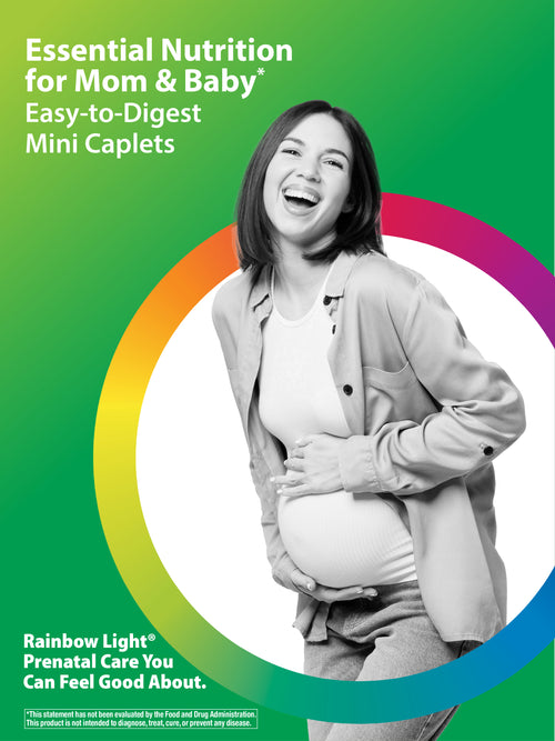 Advertisement for Rainbow Light prenatal vitamins featuring a pregnant woman on a green background with rainbow circle.