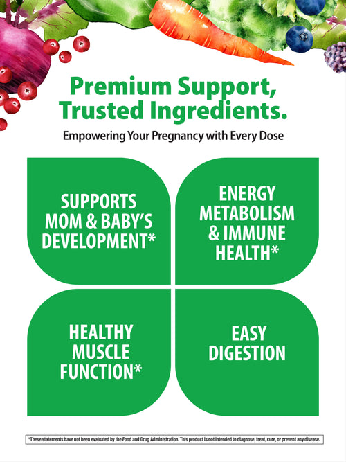 Advertisement for a prenatal supplement with green text boxes and vegetables on a white background