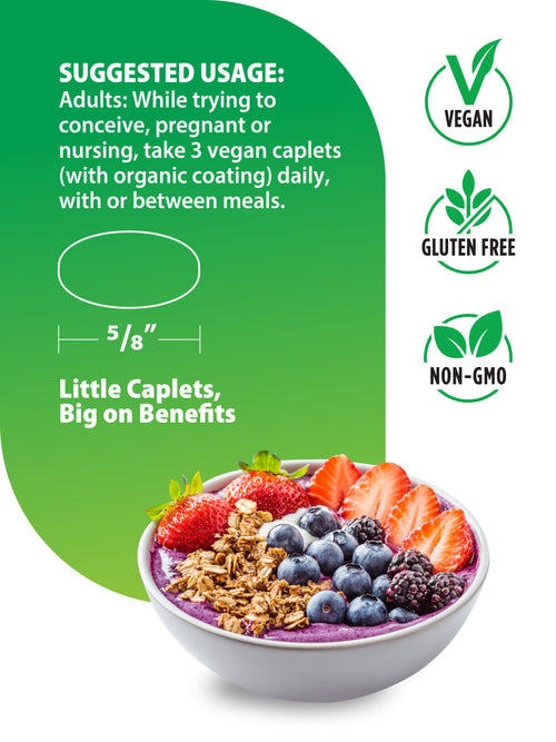 Vegan, gluten-free, and non-GMO dietary supplement packaging with a bowl of berries and granola.