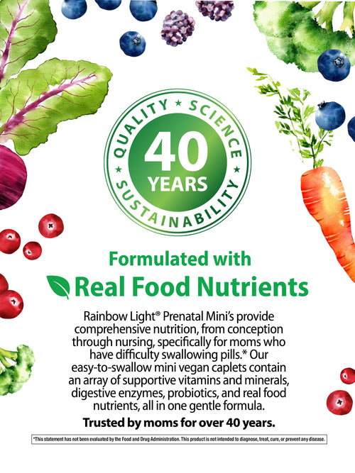 Advertisement for Rainbow Light Prenatal Mini's with vegetables and fruits on a white background